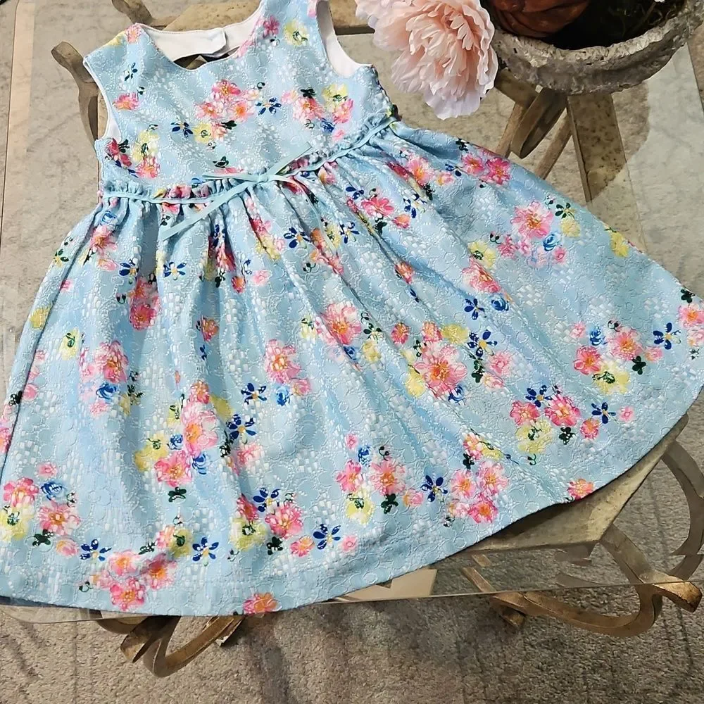 Blueberi Boulevard Blue Floral Lace Dress - Ribbon Bow - Size 3T - Back Cutout